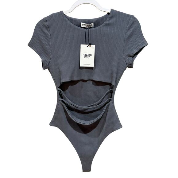NWT PRINCESS POLLY Nicola Bodysuit Slate Gray Ribbed Criss Cross Thong Stretch 8 - Picture 4 of 16